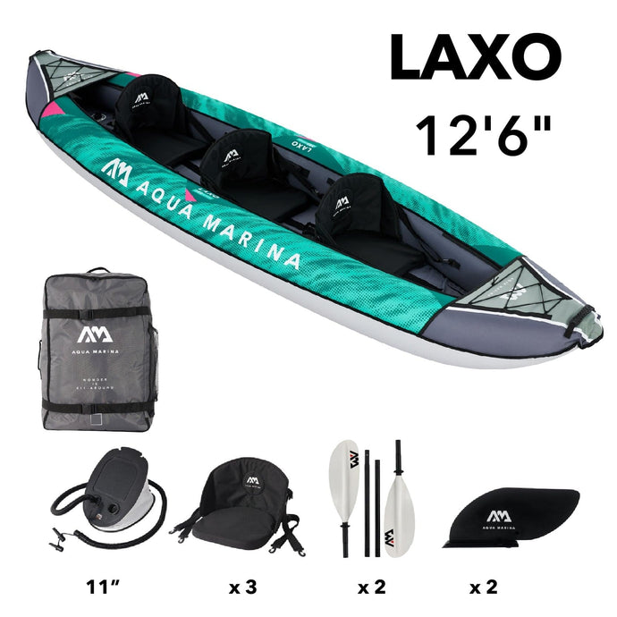 Aqua Marina, 3 Person, RECREATIONAL KAYAK - LAXO 12’6″ - Inflatable KAYAK Package, including Carry Bag, Paddle, Fin, Pump & Safety Harness - LA-380
